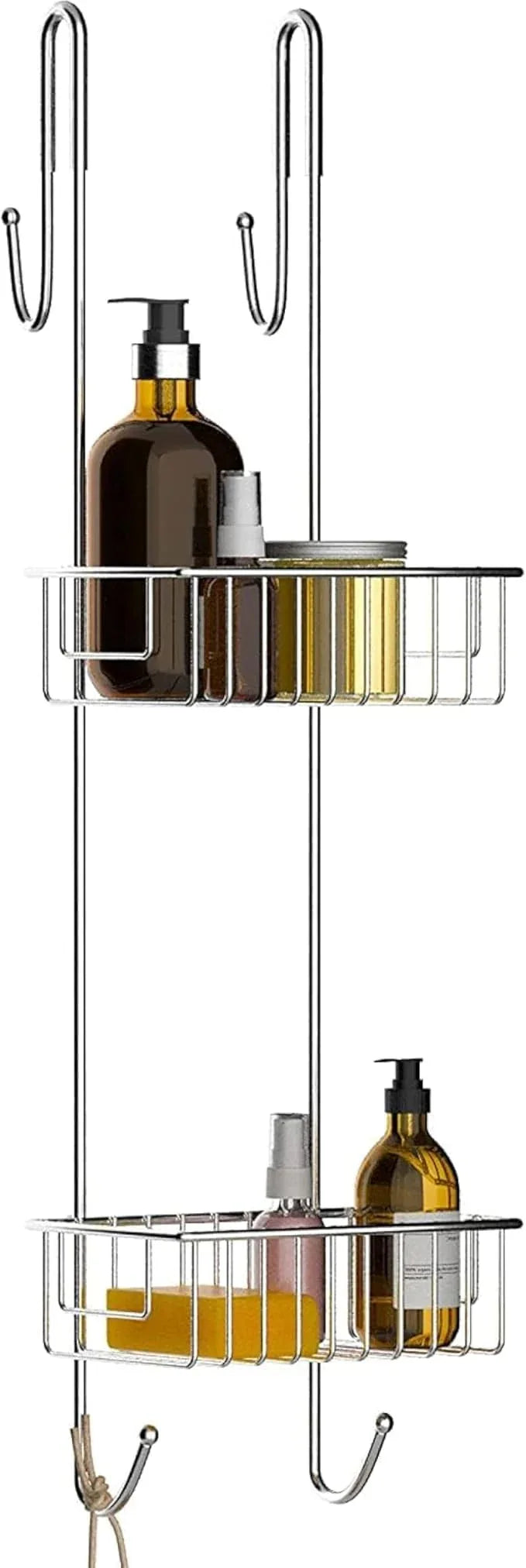 Bamodi |2-Tier Stainless Steel Shower Caddy-Hanging Shower Rack-Bathroom Organizer for Accessories-Rustproof Stainless Steel-2 Towel Hooks-27.56" DX8.27 WX7.28 H(Chrome) - ModernBath