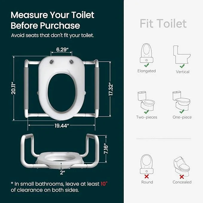 R&T 2" Toilet Seat Riser with Handles – Comfortable Raised Toilet Seat for Seniors, Fits for Elongated Toilets, Elevated Seat with Soft Grey Padded Arms for Bathroom - ModernBath