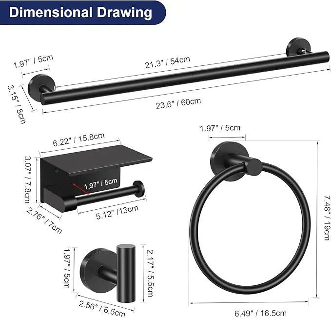 5-Piece Towel Bar Set Black Bathroom Hardware Accessories Set Upgraded Toilet Paper Holder with Shelf Towel Holder Set for Bathroom Stainless Steel Wall Mounted - ModernBath