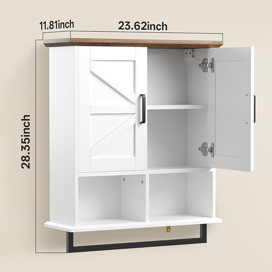 Farmhouse Bathroom Wall Cabinet with Adjustable Shelves & Towel Racks, White Wall Mounted Medicine Cabinet, Over The Toilet Storage Cabinet for Bathroom, Kitchen, Laundry Room