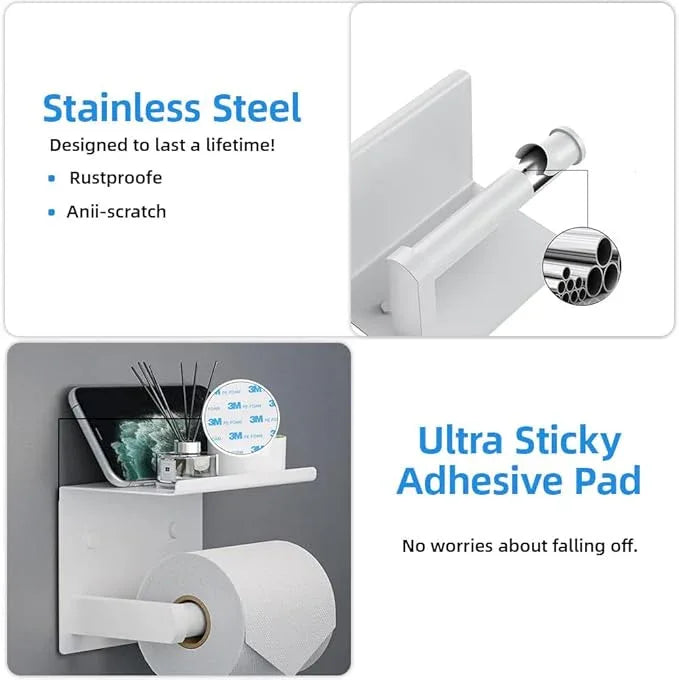 Adhesive Toilet Paper Holder with Phone Shelf Paper Tissue Holder Storage Stainless Steel Wall Mounted Toilet Roll Holder Dispenser,Paper Holder with Shelf Bathroom Organizer Gold - ModernBath