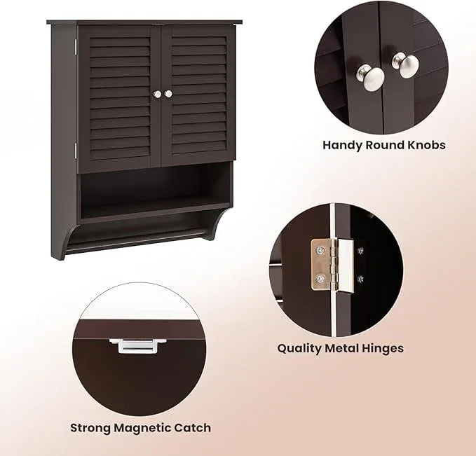Tangkula Wall Mounted Bathroom Cabinet w/Open Shelf & Bar, Medicine Cabinet w/Double Louvered Doors, Adjustable Shelf, Wall Storage Cabinet for Bathroom Living Room Kitchen (Espresso) - ModernBath