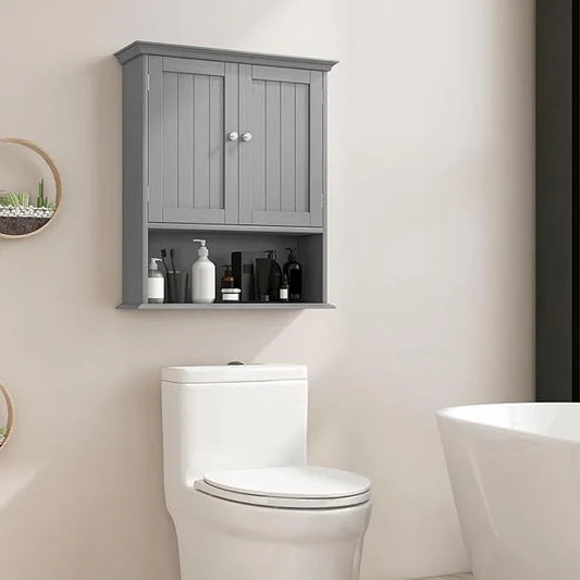 Giantex Wall Mounted Medicine Cabinets - Above Toilet Bathroom Cabinet with Adjustable Shelf, Open Shelf, Over The Toilet Space Saver Storage Cabinet for Laundry Room, Kitchen, Cupboard (Gray) - ModernBath
