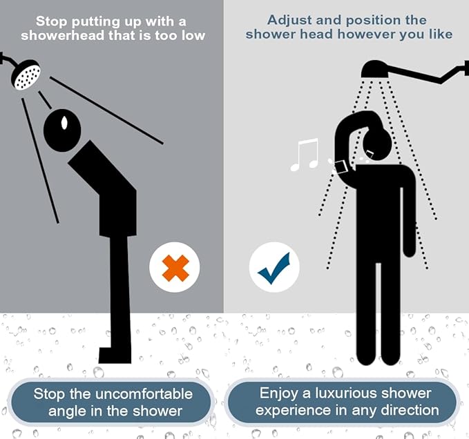 BRIGHT SHOWERS 15 Inch Extra Long Shower Head Extension Arm, Solid Brass Shower Arm Extender with Locking Screw for Rain and Handheld Showerhead, Height & Angle Adjustable, Chrome