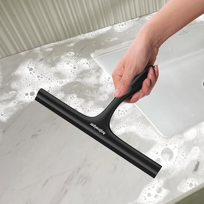 Anjinwiper Shower Squeegee for Glass Doors with Adhesive Hook, Window Squeegee for Shower Glass, Cleaning Tile Wall, Bathroom Cleaner Tool Household Silicone Squeegee(10 inch-Black) - ModernBath