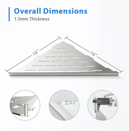 POPFLY 10" Silver Stainless Steel Corner Shower Shelf 2PCS, 304 SS Recessed Bathroom Shelves for Tile Walls, No Drilling Needed, Floating Shower Caddy with Drainage Slots, PF7501L - ModernBath