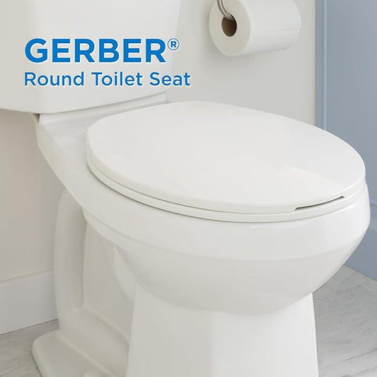 Gerber Round Front Toilet Seat with Cover, Standard Close, Quick & Easy Install, Heavy-Duty Plastic, Durable & Fade-Resistant, White GC55012043
