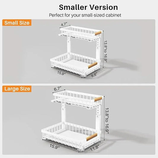 PXRACK 1 Pack Under Sink Organizer,Adjustable Height,2 Tier Pull Out Under Cabinet Organizer,Slide Out Thickened Metal Under Sink Storage for Kitchen Bathroom Laundry Cabinet Pantry,White(S) - ModernBath
