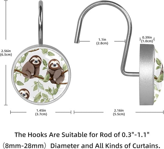 FVQL 12PCS Shower Curtain Hooks Rings for Bathroom Decorative, Animal Sloth Cartoon