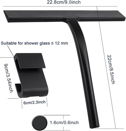 Anlynwooh All -Purpose Silicone Shower Squeegee for Shower Glass Door with Hook, Bathroom Accessories for Window Mirror Tile Car Shower Walls,Household Shower Cleaner Tool (Black, 9 inch(1 Hook)