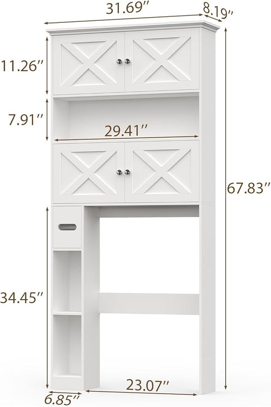 Over The Toilet Storage Cabinet, Farmhouse Storage Cabinet Over Toilet with 4 Barn Doors & Toilet Paper Holder Stand, White Toilet Shelf Home Space Saver for Restroom, Bathroom, Laundry