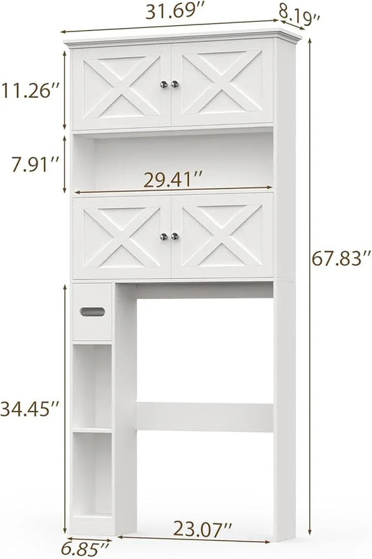 Over The Toilet Storage Cabinet, Farmhouse Storage Cabinet Over Toilet with 4 Barn Doors & Toilet Paper Holder Stand, White Toilet Shelf Home Space Saver for Restroom, Bathroom, Laundry - ModernBath