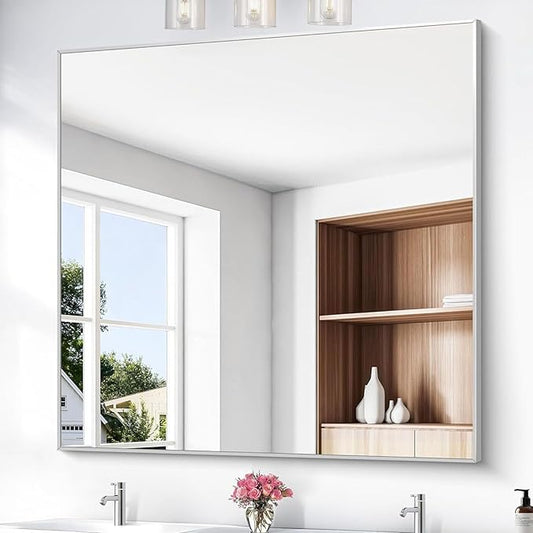 BONEWEI Silver Bathroom Mirror,48x48 inch Wall Mirror for Bathroom Wall Mounted,Large Rectangle Mirror for Bathroom Over Sink,Modern Metal Frame for Living Room,Bedroom Entryway,Horizontal/Vertical