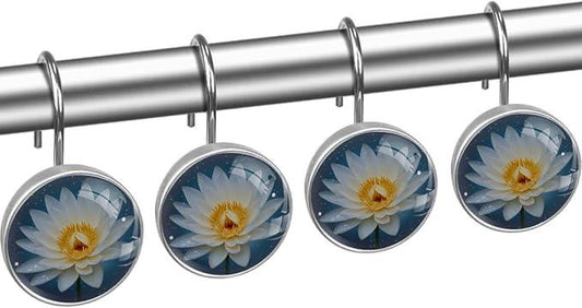 White Lotus Flower Floral Shower Curtain Hooks 12Pcs, Decorative Rust Resistant Shower Rings for Shower Curtain Rods, Stainless Steel Round Curtain Hooks for Bathroom, Bedroom, Farmhouse - ModernBath