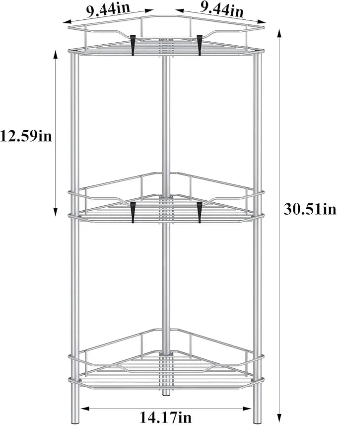 3 Tier Floor Standing Corner Shower Caddy Organizer Shelf with Hooks, Bathroom Shelves Stand Rack, Silver - ModernBath