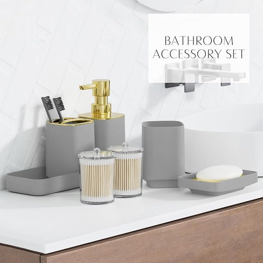 9PCS Bathroom Accessory Set, Grey Bathroom Set with Large-Capacity 4 Gallon Trash Can, Bathroom Accessories Set Complete, Toothbrush Holder, Soap Dispenser, Toilet Brush, Bathroom Decor