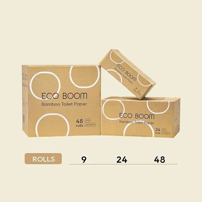 ECO BOOM Unbleached Bamboo Toilet Paper, 100% Tree-Free & Plastic-Free, 3-Ply Strong, FSC Certified, Unscented, 9 Rolls, 360 Sheets | PFAS Free, BPA Free & Septic Safe - ModernBath