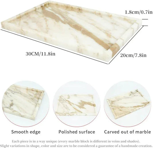 100% Natural Marble Serving Tray Luxury Marble Storage Tray for Home Decor Stone Tray for Bathroom/Kitchen/Vanity/Dresser,Plate Holder for Tissues, Candles, Towel - ModernBath