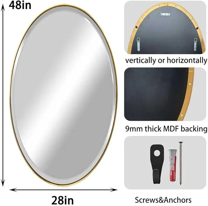 POZINO Brushed Gold Beveled Mirror, 28"x48" Large Brass Oval Mirrors, Bathroom Mirror for Over Sink, Modern Rounded Vanity Wall Mirrors in Premium Stainless Steel Frame, Hangs Horizontal Or Vertical - ModernBath