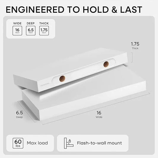 Homeforia White Floating Shelves 16 inch, High End Solid Real Wood 16inch Bathroom Floating Shelf for Wall Mounted, White Wooden 16 Floating Shelves, Heavy Duty Bracket, 16 X 6.5 X 1.75 inch, Set of 4 - ModernBath