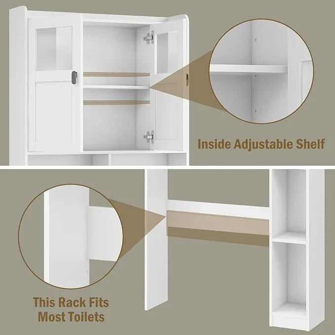Vabches Over The Toilet Storage Cabinet, Bathroom Shelf Over Toilet with Glass Doors and Adjustable Shelves, White Freestanding Home Space Save Toilet Rack for Restroom, Bathroom, Laundry - ModernBath