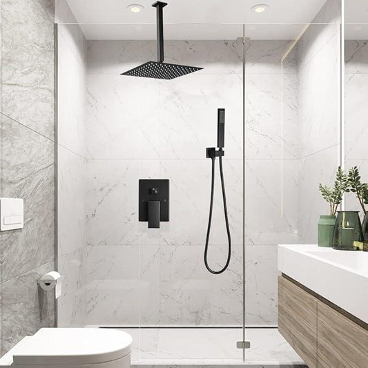Heable Shower System Matte Black Bathroom 10 Inch Rain Shower Head Ceiling Mount with Handheld Luxury High Pressure Shower Combo Set Shower Faucet Rough-in Valve Body and Trim Kit - ModernBath