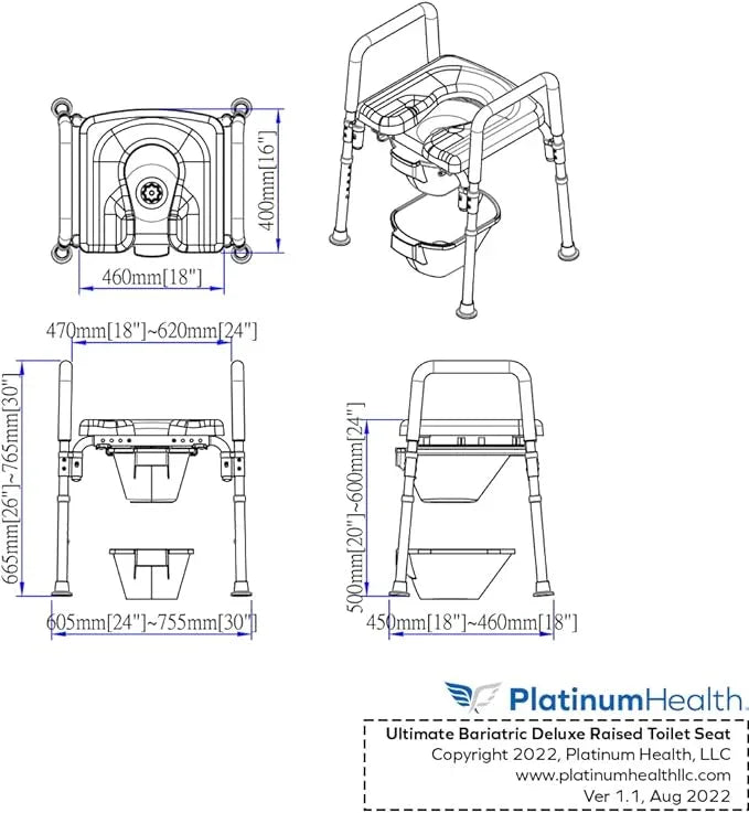 Platinum Health The Ultimate™ Bariatric Raised Toilet Seat, Bedside Commode, Voted#1 Most Comfortable. Padded with Armrests. Adjustable Height. 600lb. Elevated Toilet Seat with Arms. - ModernBath