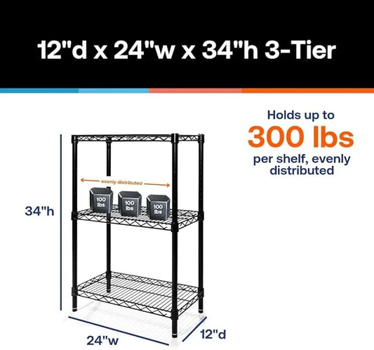 Shelving Inc. 12"d x 24"w x 34"h Black Wire Shelving with 3 Tier Shelves, Weight Capacity 300lbs Per Shelf - ModernBath