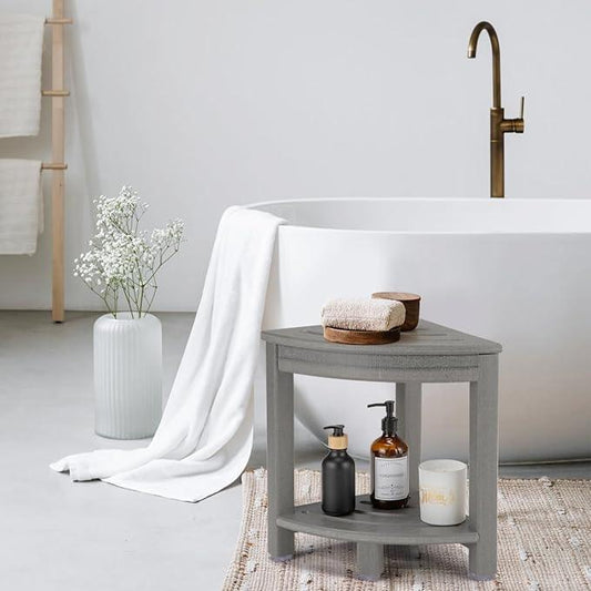 Apolimi HDPE Corner Shower Stool,Shower Bench Seat with Storage Shelf for Shaving Legs Plastic Spa Bath Step Foot Rest for Bathroom Small Place (Grey) - ModernBath