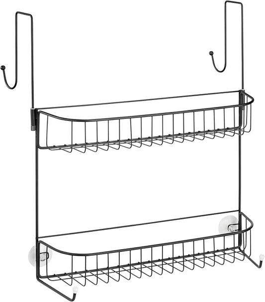 mDesign Extra Wide Metal Wire Over the Bathroom Shower Door Caddy, Hanging Storage Organizer with Built-In Hooks and Baskets on 2 Levels for Shampoo, Body Wash, Loofahs, Rust Resistant - Matte Black