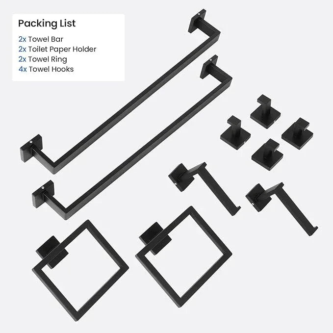 FAHKNS 10 PCS Bathroom Hardware Accessories Set 23.6 Inch Stainless Steel Bath Towel Bar Set Square Towel Ring Set for Bathroom Wall Mounted, Black - ModernBath