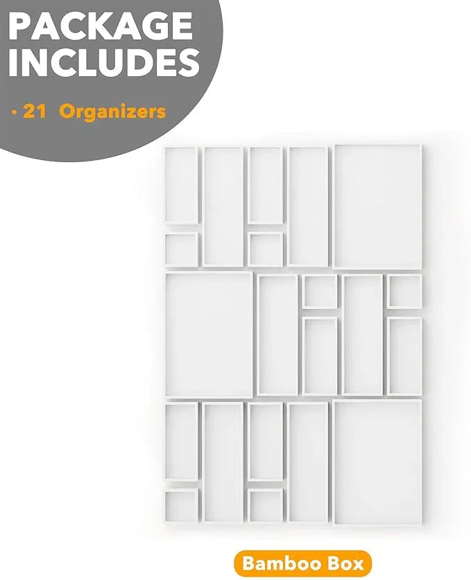 SpaceAid 21-Piece Bamboo Drawer Organizer Storage Boxes Set, Wood Tray Junk Drawer Organizers Multi-Use Divider Bins for Kitchen, Bathroom, Office Desk and Makeup Organization (21 Pack, White) - ModernBath