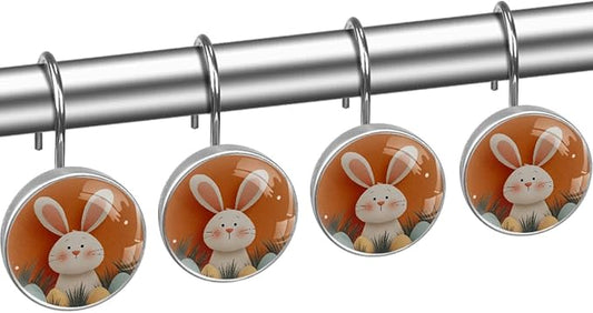 Easter Bunny Crystal Glass Shower Curtain Hooks for Bathroom Shower Rod, 12Pcs Round Home Decorative Shower Curtain Rings, Orange Bathroom Bedroom Living Room Accessories