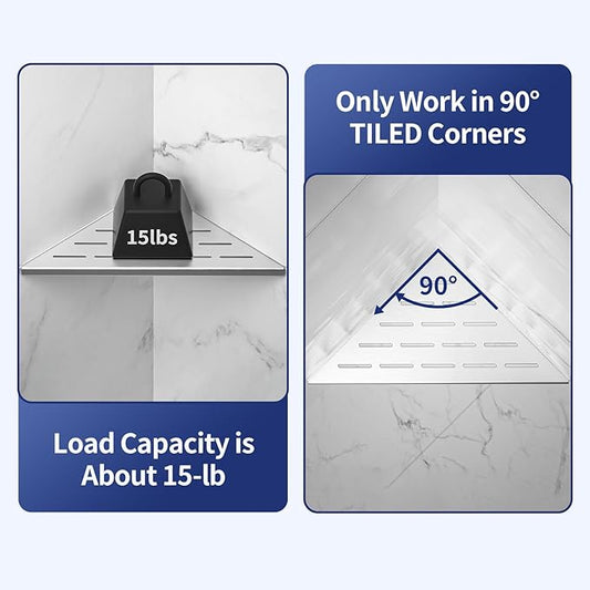 10'' Corner Shower Shelf 2PCS, 304 Stainless Steel Grout in Shelves for Tiled Wall, Recessed Bathroom Shelves, No Drilling Needed (10'', Silver)