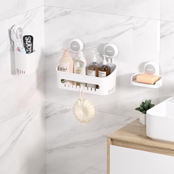 LUXEAR 3 Pack Shower Caddy Suction Cup Set - Shower Shelf, Soap Dish, Toothbrush Holder - White