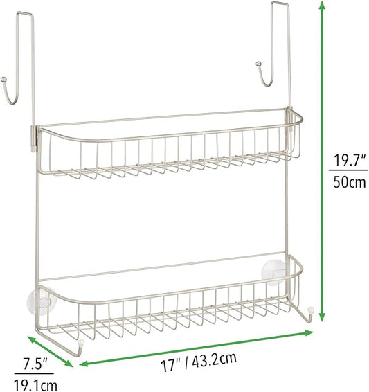 mDesign Extra Wide Metal Wire Over the Bathroom Shower Door Caddy, Hanging Storage Organizer with Built-In Hooks and Baskets on 2 Levels for Shampoo, Body Wash, Loofahs, Rust Resistant - Satin