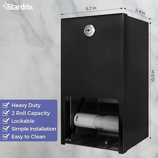 Matte Black 2 Roll Stainless Steel Commercial Toilet Paper Dispenser, Heavy Duty Wall Mount Tissue Holder with Lock for Restroom/Bathroom