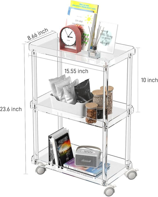 Aquiver Acrylic Slim Storage Cart - 3 Tier Utility Rolling Cart - for Kitchen, Bathroom, Living Room, Laundry, Narrow Places - 15.6'' L x 8.7'' W x 23.6'' H