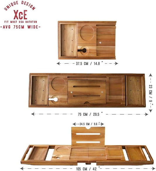 XcE Foldable Acacia Wood Bathtub Caddy Tray - Expandable to 40 Inches with Non-Slip Pads for Couples Luxury Bath