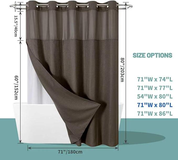 eachope Brown Long No Hook Waffle Weave Shower Curtain with snap-in Liner Replacement, 230GSM Waterproof Fabric Hotel Shower Curtain Set for Bathroom, Through Mesh Top Window,71Wx80H - ModernBath