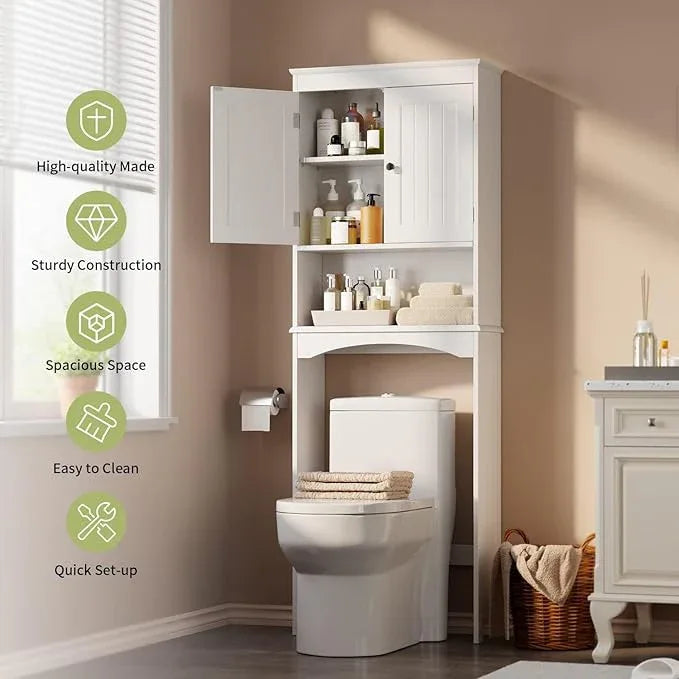 Gizoon Over The Toilet Storage Cabinet with Adjustable Shelf and Double Doors, Bathroom Space Saver Organizer Above Toilet with Open Shelf, Taller Wooden Free Standing Toilet Rack -White - ModernBath