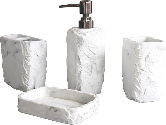 Hymmah Marble Bathroom Accessories Set,Marble Design Toothbrush Holder,Farmhouse Bathroom Decor,4 Pcs Resin Gift Set Apartment Necessities, Contain Toothbrush Cup,Soap Dispenser,Soap Dish,Tumbler - ModernBath