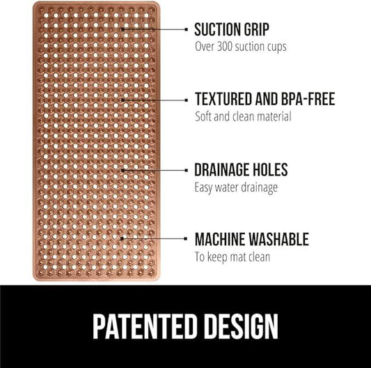 GORILLA GRIP Patented Bath Tub Shower Mat, Machine Washable Bathtub Floor Liner Mats, Suction Cups and Drain Holes to Keep Tubs Clean, Soft on Feet, Bathroom Essentials, 35x16 Inch, Brown - ModernBath