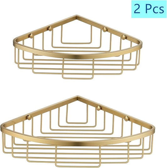 [2 Pack Bathroom Corner Shower Caddy Shelf Organizer, SUS304 Stainless Steel Heavy Duty Rust-Proof Shelf Holder, Wall Mounted Storage Rack for Bathroom Kitchen, Brushed Gold