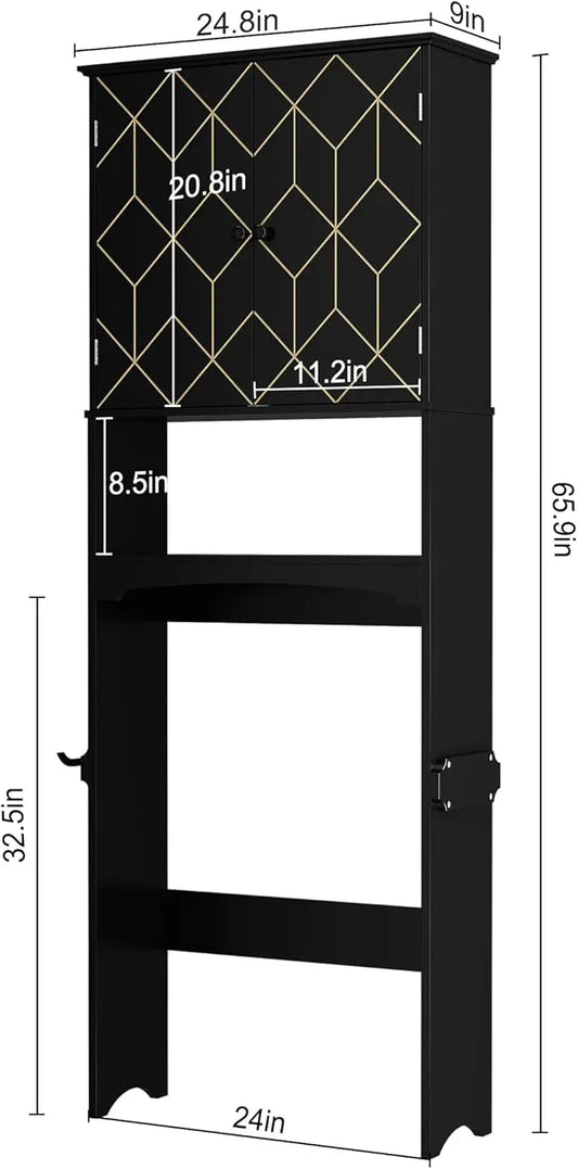 Over The Toilet Storage Cabinet with Gold Trim, Modern Bathroom Organizer Over Toilet with Adjustable Shelves and Toilet Paper Holder for Bathroom (Black) - ModernBath