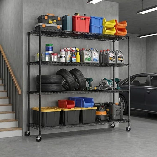 REIBII 75.6" H Storage Shelves Metal Shelving Unit with Wheels 55''W Garage Shelving Heavy Duty Wire Shelves for Storage Rack Adjustable Pantry Shelf Commercial Shelving,75.6" H X 55.5''W X 24" D
