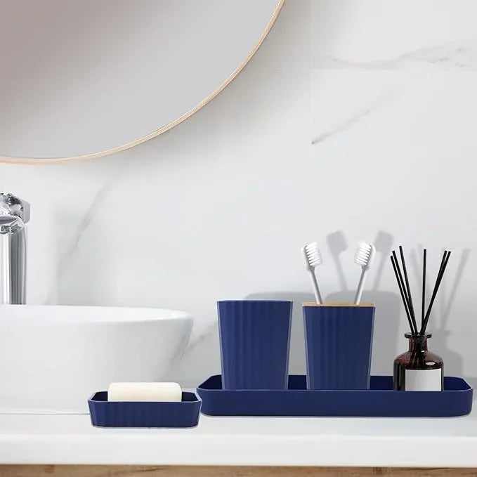 XLHOMO Blue Bathroom Set - Navy Blue Bathroom Accessories Set with with Trash Can,Toothbrush Holder,Toothbrush Cup,Soap Dispenser,Tray,Soap Dish,Toilet Brush,Qtip Holders for Bathroom Home Decor - ModernBath
