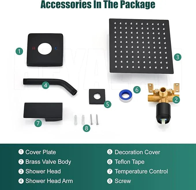 Heyalan 8 Inch Shower Head and Handle Set Square Shower Faucet Set Bathroom Rainfall Shower Faucet Set Stainless Steel Showerhead Single Function Shower Trim Kit,Male Thread Valve,Matte Black - ModernBath