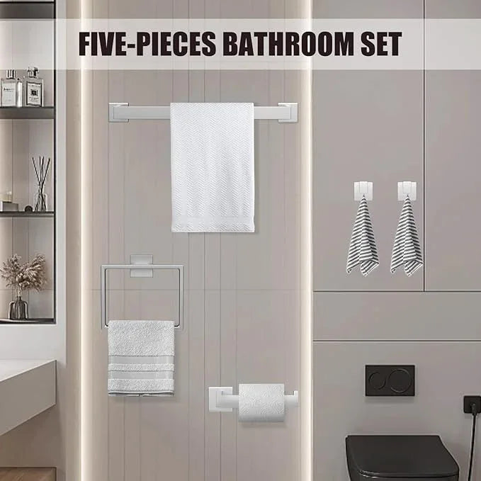 5 Piece Brushed Nickel Towel Bar Set Bathroom Hardware Set Brushed Nickel Bathroom Accessories Set with 2 Towel Hook, Stainless Steel Wall Mounted Bathroom Towel Rack Set Square 16-Inch - ModernBath