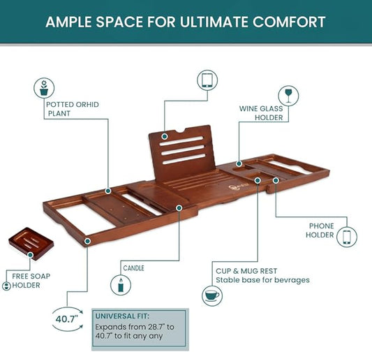 Rynex Bathtub Tray – Foldable & Waterproof Bath tub Tray Caddy with Phone, Wine & Book Holder, Tub Tray –Adjustable Luxury Bath Tray for Tub Relaxation, Home Decor & Gifts – Bamboo Wood